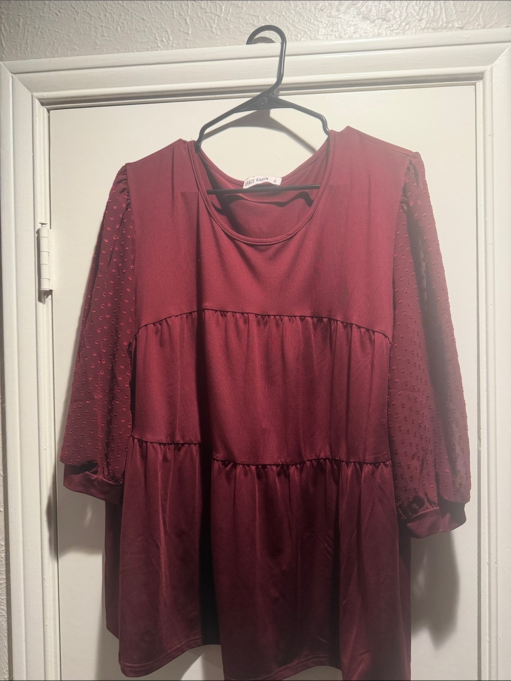 Grace Karin Burgundy Tiered Babydoll Top with Dot-Sleeves 2XL